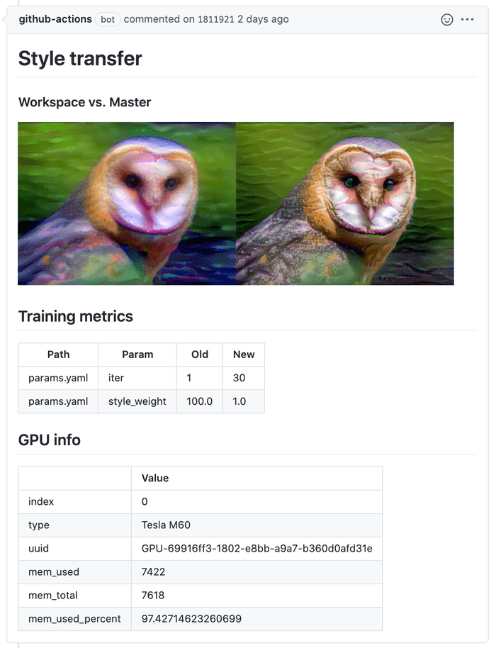 Hyperparameter change with a result image in GitHub Pull request report
