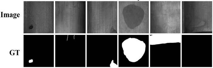 A sample from the image segmentation dataset we used for this project. Top
row: images of magnetic tile surfaces. Bottom row: segmentation mask (white
pixels show defective areas)